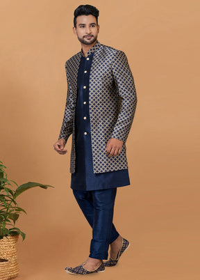 2 Pc Navy Blue Silk Kurta Pajama Set - Indian Silk House Agencies