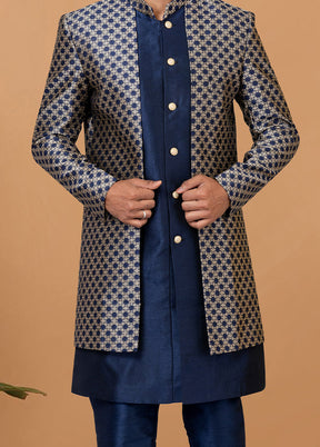 2 Pc Navy Blue Silk Kurta Pajama Set - Indian Silk House Agencies