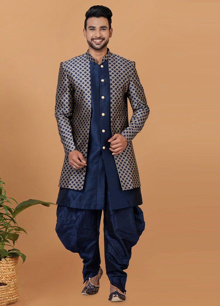 2 Pc Navy Blue Silk Kurta Pajama Set - Indian Silk House Agencies