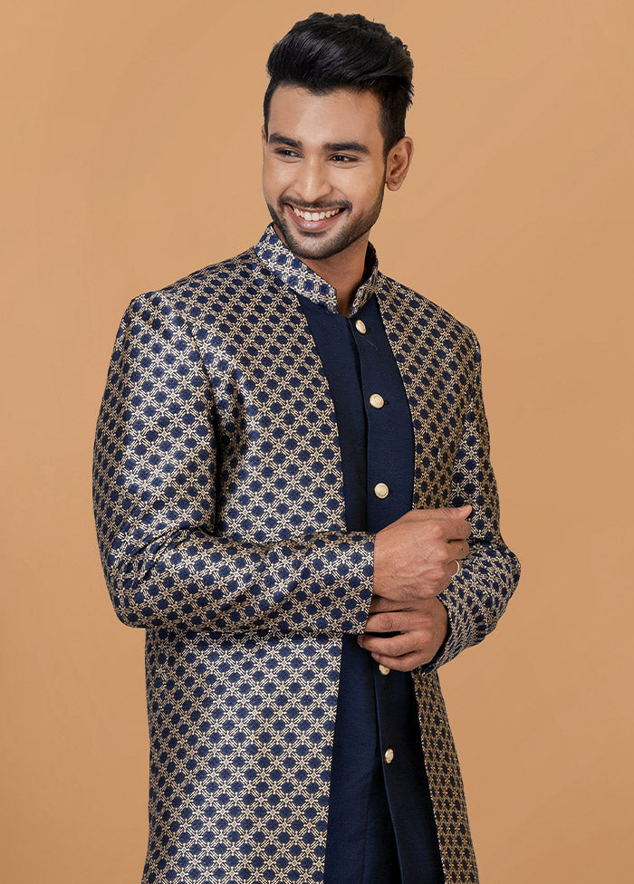 2 Pc Navy Blue Silk Kurta Pajama Set