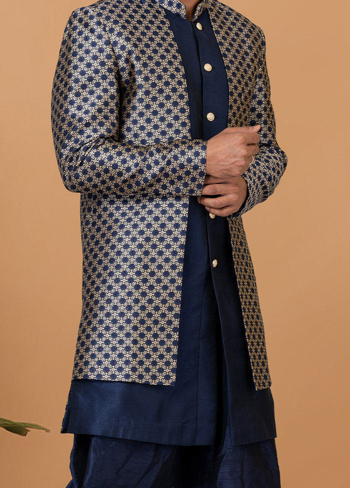 2 Pc Navy Blue Silk Kurta Pajama Set