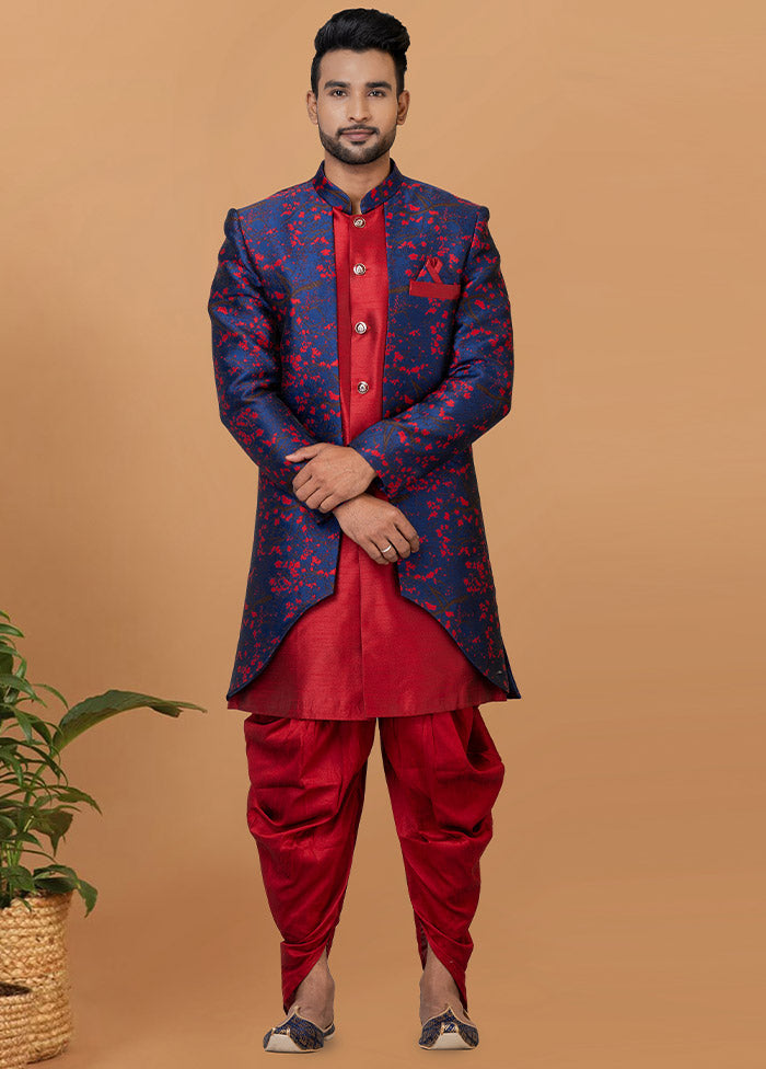 2 Pc Red Silk Kurta Pajama Set