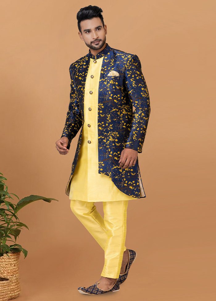 2 Pc Yellow Silk Kurta Pajama Set - Indian Silk House Agencies