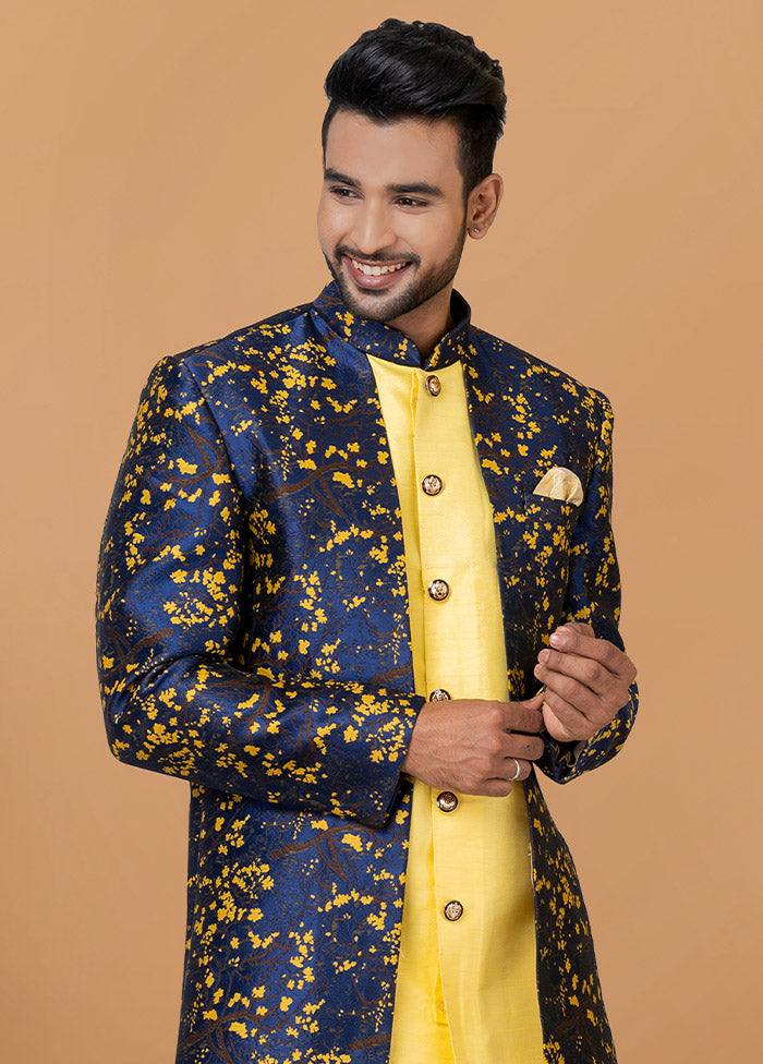 2 Pc Yellow Silk Kurta Pajama Set