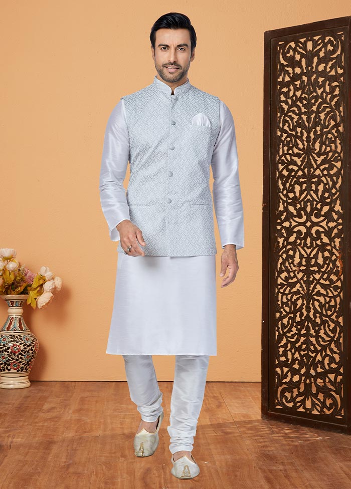 3 Pc White Dupion Silk Ethnic Wear - Indian Silk House Agencies