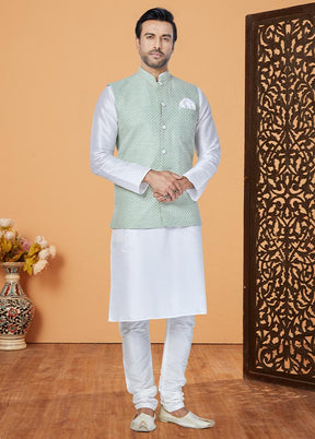 3 Pc White Dupion Silk Ethnic Wear - Indian Silk House Agencies
