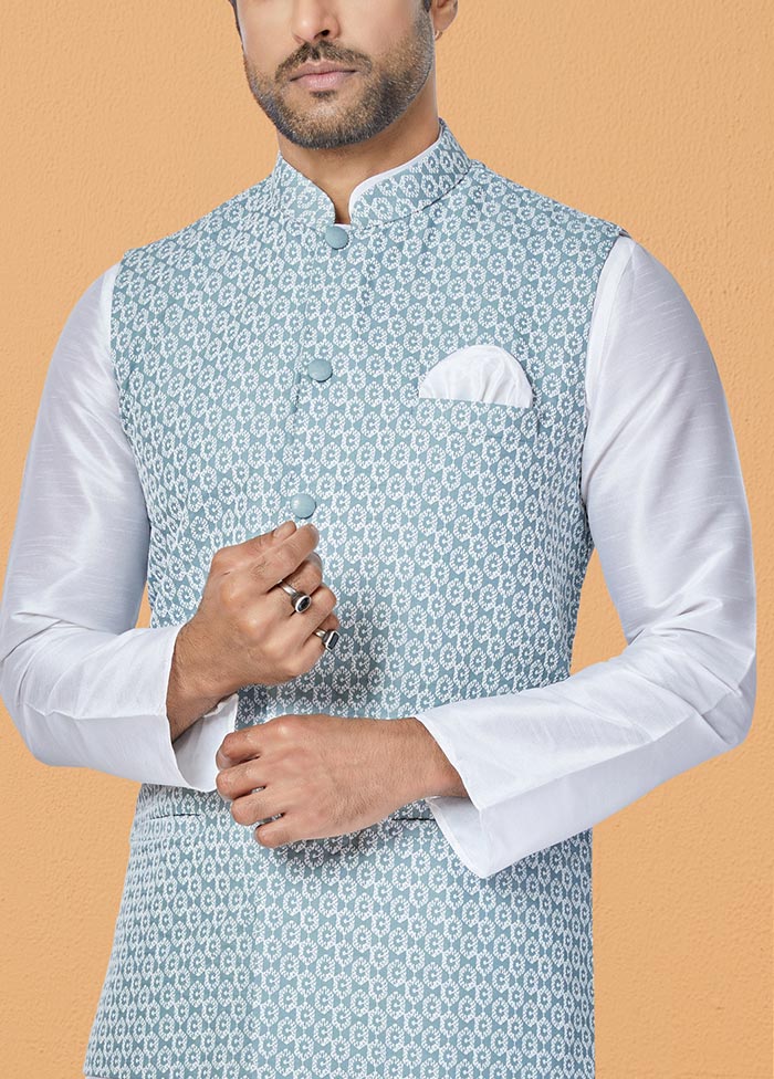3 Pc White Dupion Silk Ethnic Wear - Indian Silk House Agencies