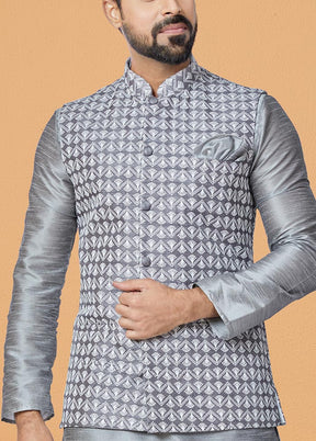 3 Pc Grey Dupion Silk Ethnic Wear
