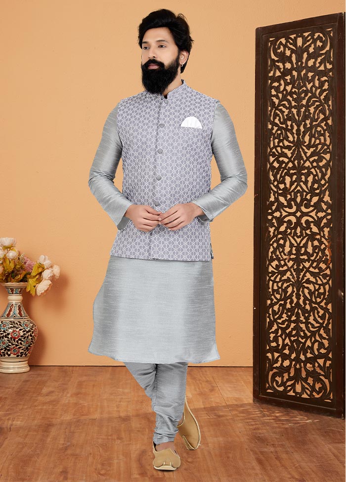 3 Pc Grey Dupion Silk Ethnic Wear