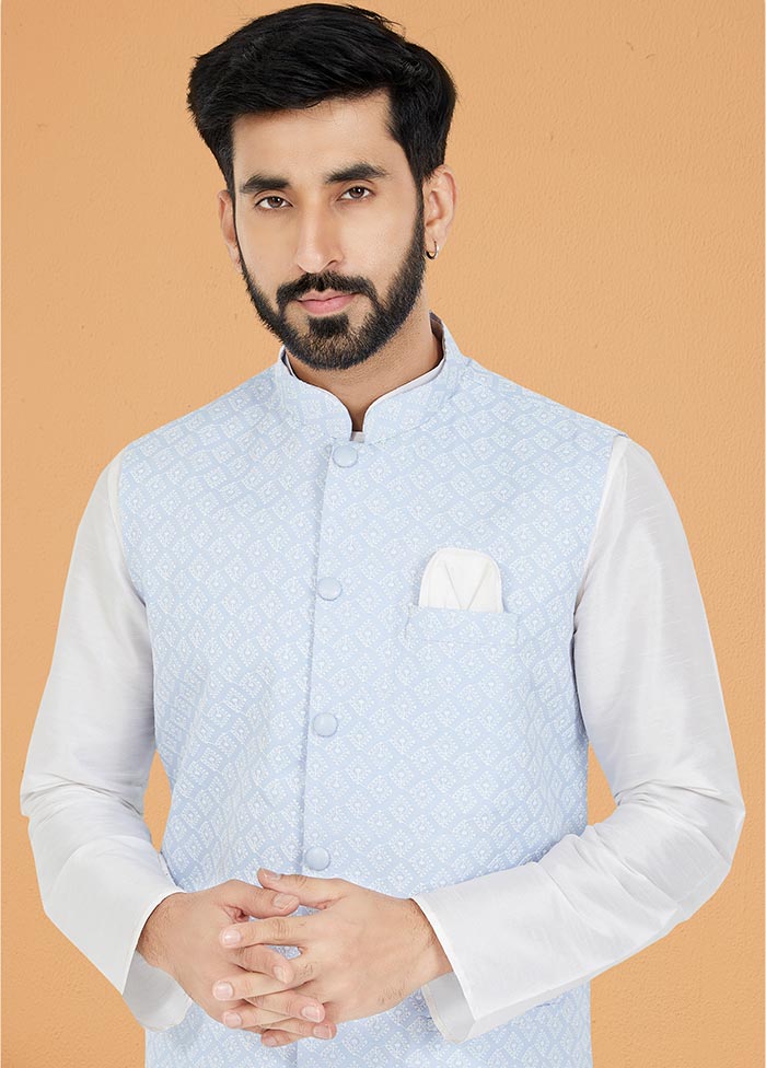 3 Pc White Dupion Silk Ethnic Wear - Indian Silk House Agencies