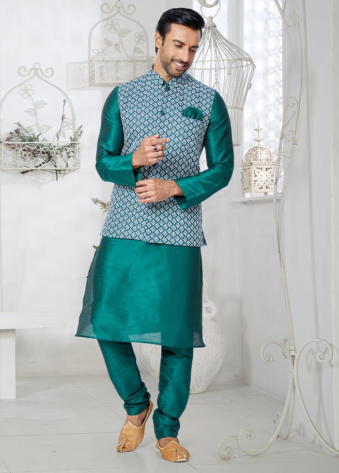 3 Pc Rama Green Dupion Silk Ethnic Wear