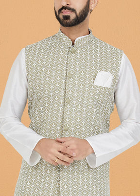 3 Pc White Dupion Silk Ethnic Wear - Indian Silk House Agencies