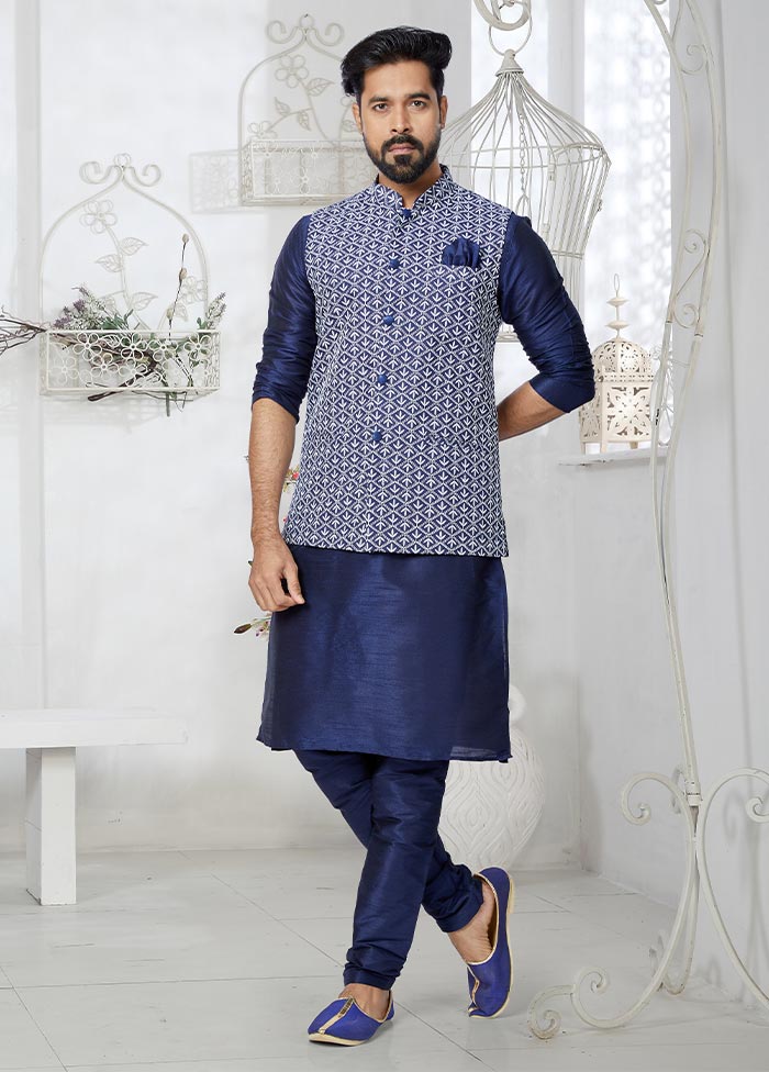 3 Pc Navy Blue Dupion Silk Ethnic Wear