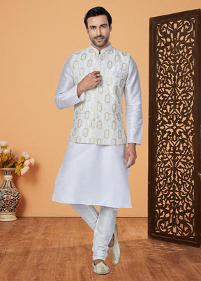 3 Pc Off White Dupion Silk Ethnic Wear - Indian Silk House Agencies