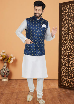 3 Pc White Dupion Silk Kurta Pajama Set