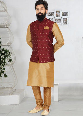 3 Pc Chiku Dupion Silk Kurta Pajama Set - Indian Silk House Agencies