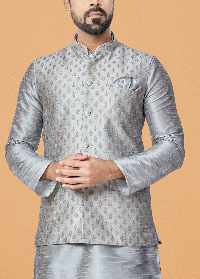 3 Pc Grey Dupion Silk Kurta Pajama Set - Indian Silk House Agencies