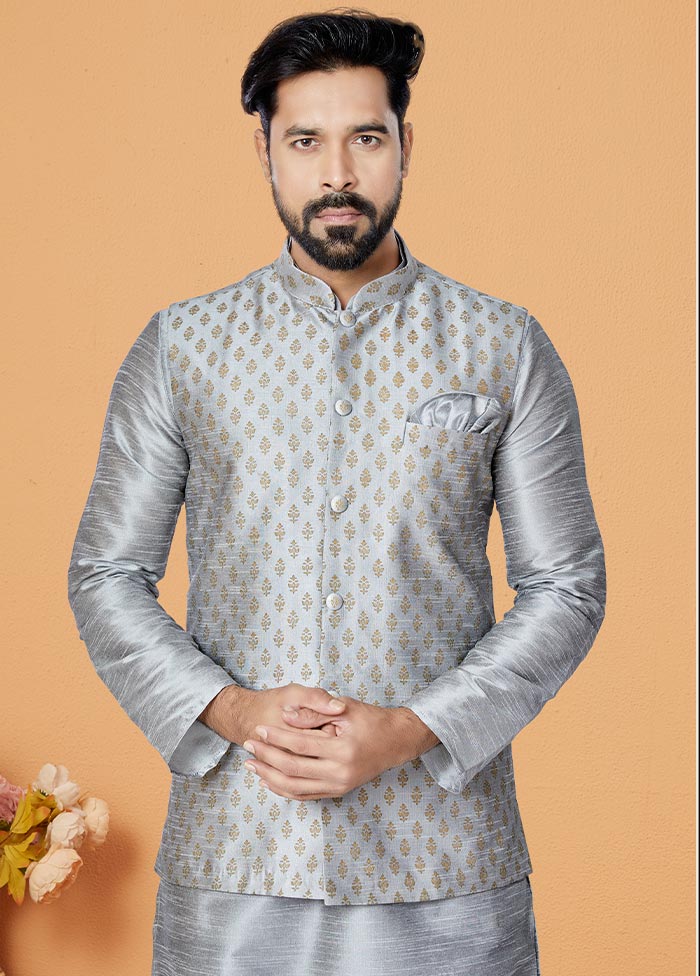 3 Pc Grey Dupion Silk Kurta Pajama Set - Indian Silk House Agencies