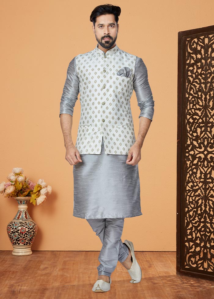 3 Pc Grey Dupion Silk Kurta Pajama Set - Indian Silk House Agencies