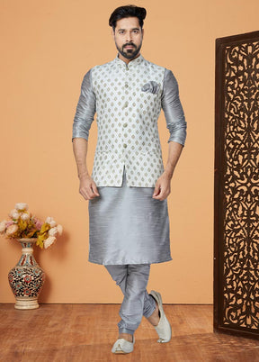 3 Pc Grey Dupion Silk Kurta Pajama Set - Indian Silk House Agencies