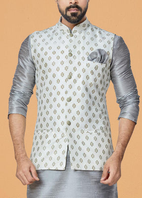 3 Pc Grey Dupion Silk Kurta Pajama Set - Indian Silk House Agencies