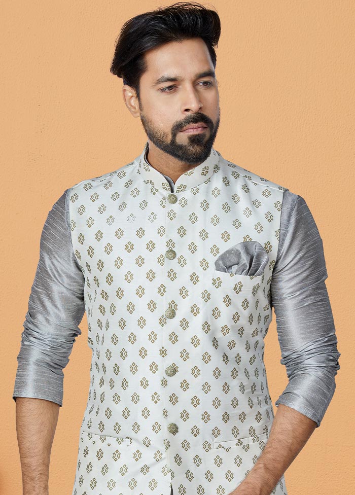 3 Pc Grey Dupion Silk Kurta Pajama Set