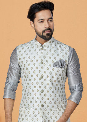 3 Pc Grey Dupion Silk Kurta Pajama Set - Indian Silk House Agencies