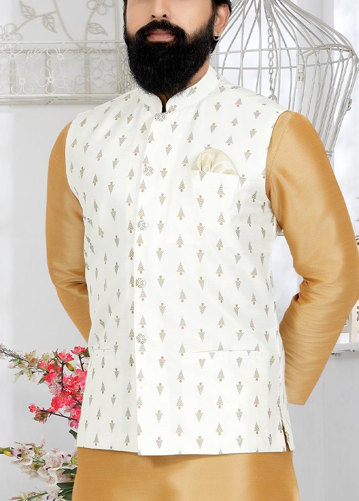 3 Pc Chiku Dupion Silk Kurta Pajama Set - Indian Silk House Agencies