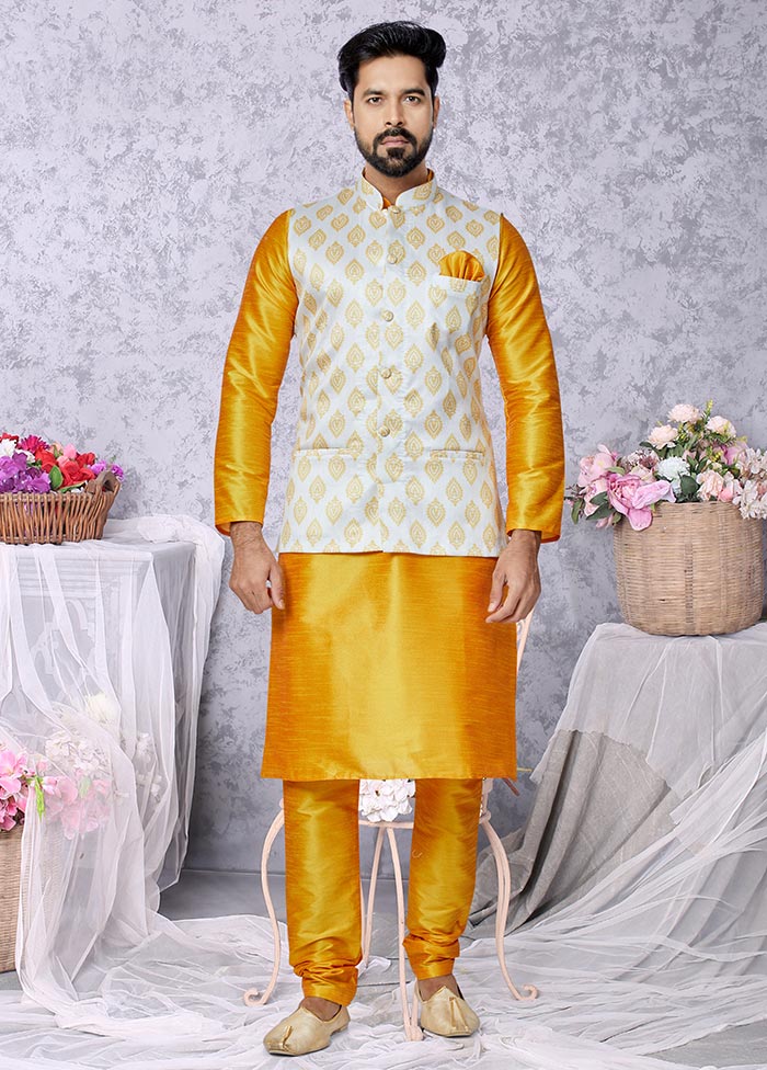 3 Pc Mustard Dupion Silk Kurta Pajama Set - Indian Silk House Agencies