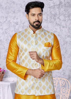 3 Pc Mustard Dupion Silk Kurta Pajama Set