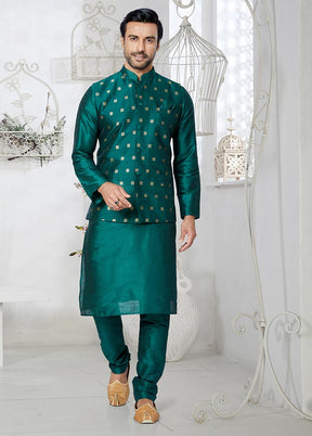 3 Pc Rama Green Dupion Silk Kurta Pajama Set