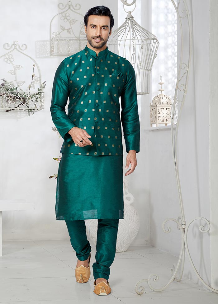 3 Pc Rama Green Dupion Silk Kurta Pajama Set