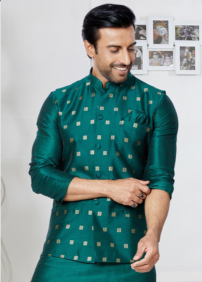 3 Pc Rama Green Dupion Silk Kurta Pajama Set