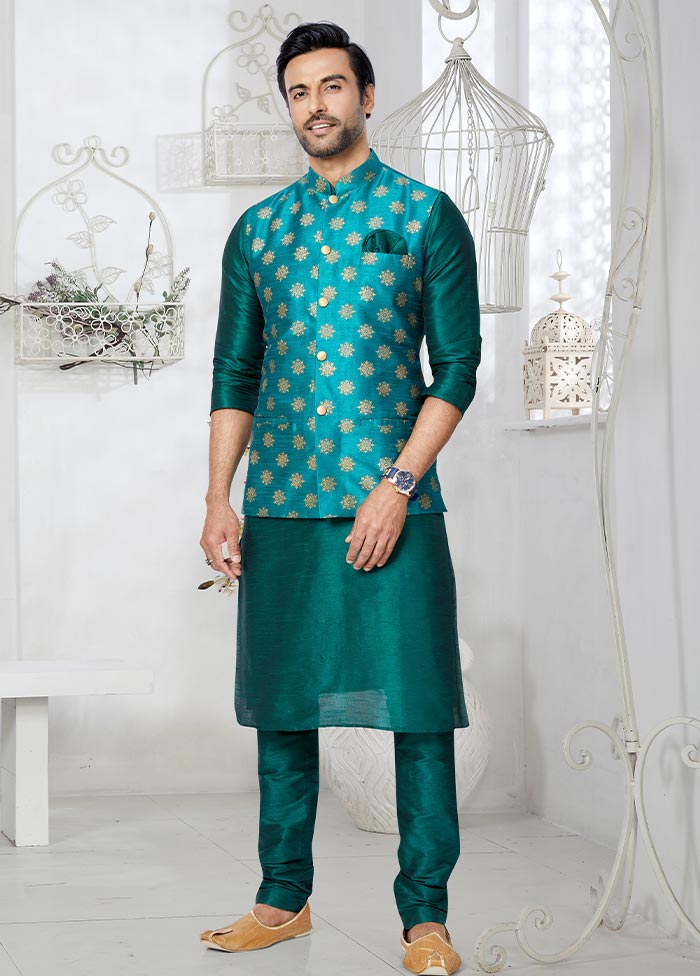 3 Pc Rama Green Dupion Silk Kurta Pajama Set - Indian Silk House Agencies