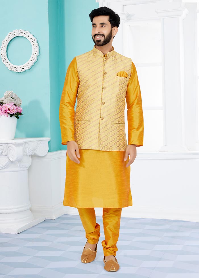 3 Pc Mustard Dupion Silk Kurta Pajama Set - Indian Silk House Agencies