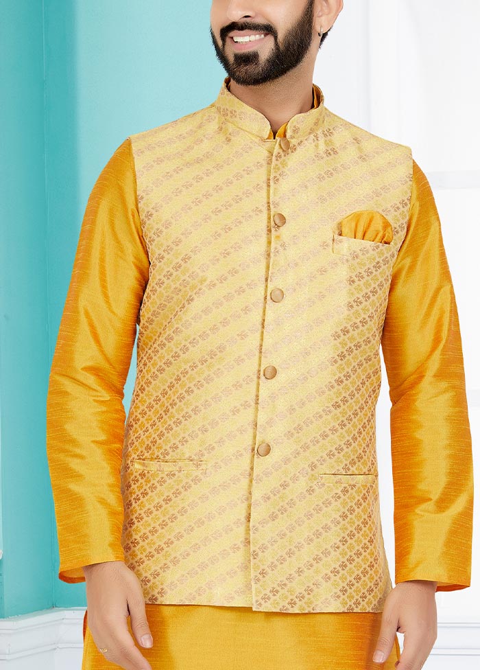 3 Pc Mustard Dupion Silk Kurta Pajama Set