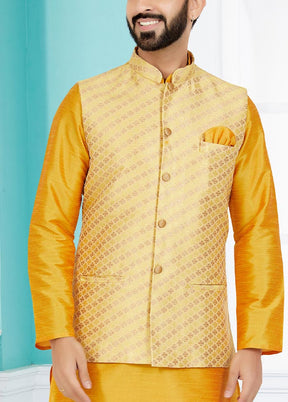 3 Pc Mustard Dupion Silk Kurta Pajama Set - Indian Silk House Agencies