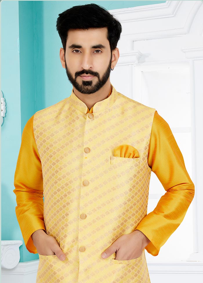 3 Pc Mustard Dupion Silk Kurta Pajama Set - Indian Silk House Agencies