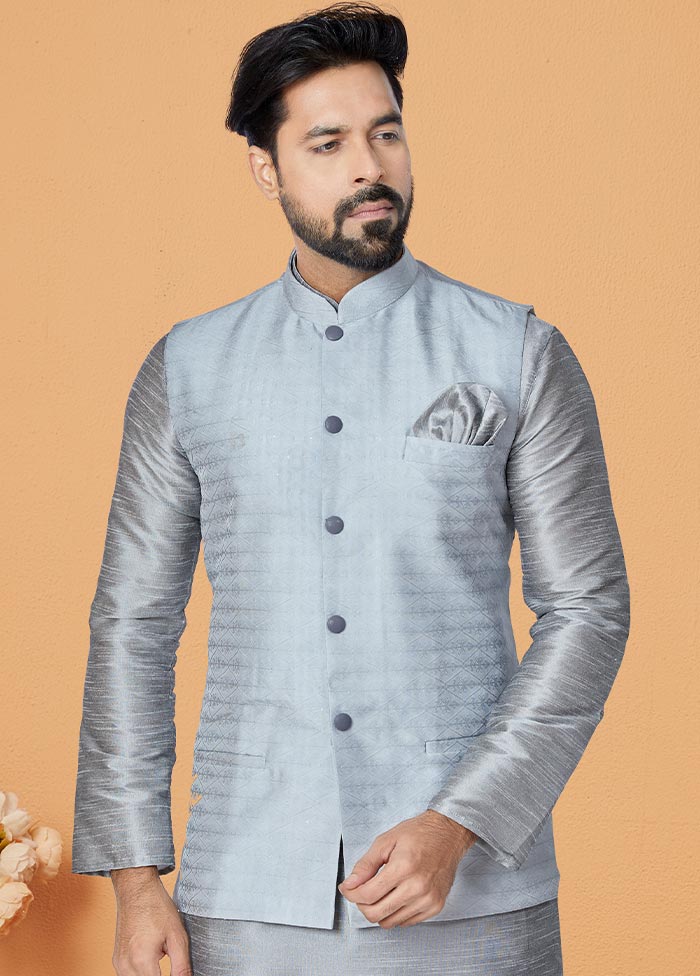 3 Pc Grey Dupion Silk Kurta Pajama Set - Indian Silk House Agencies