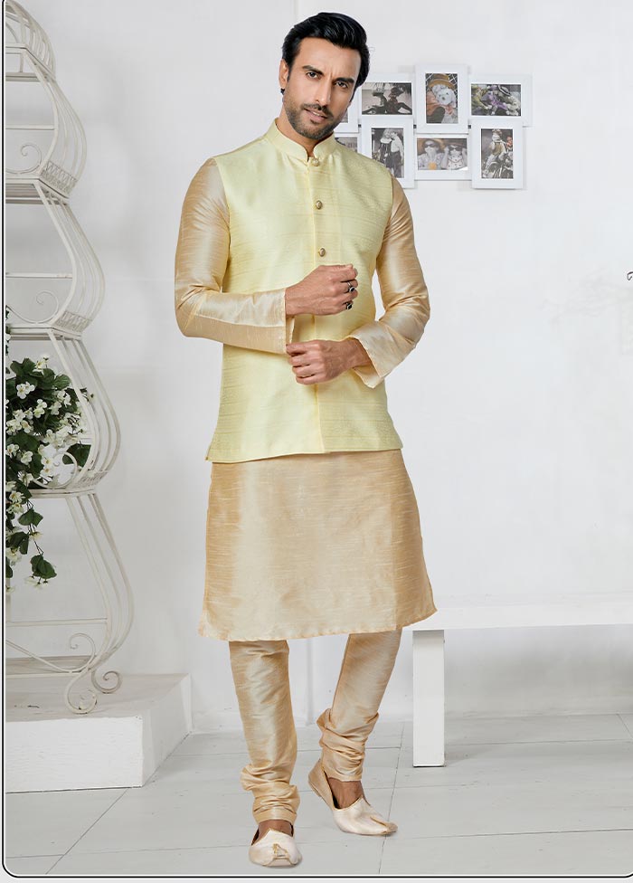 3 Pc Cream Dupion Silk Kurta Pajama Set