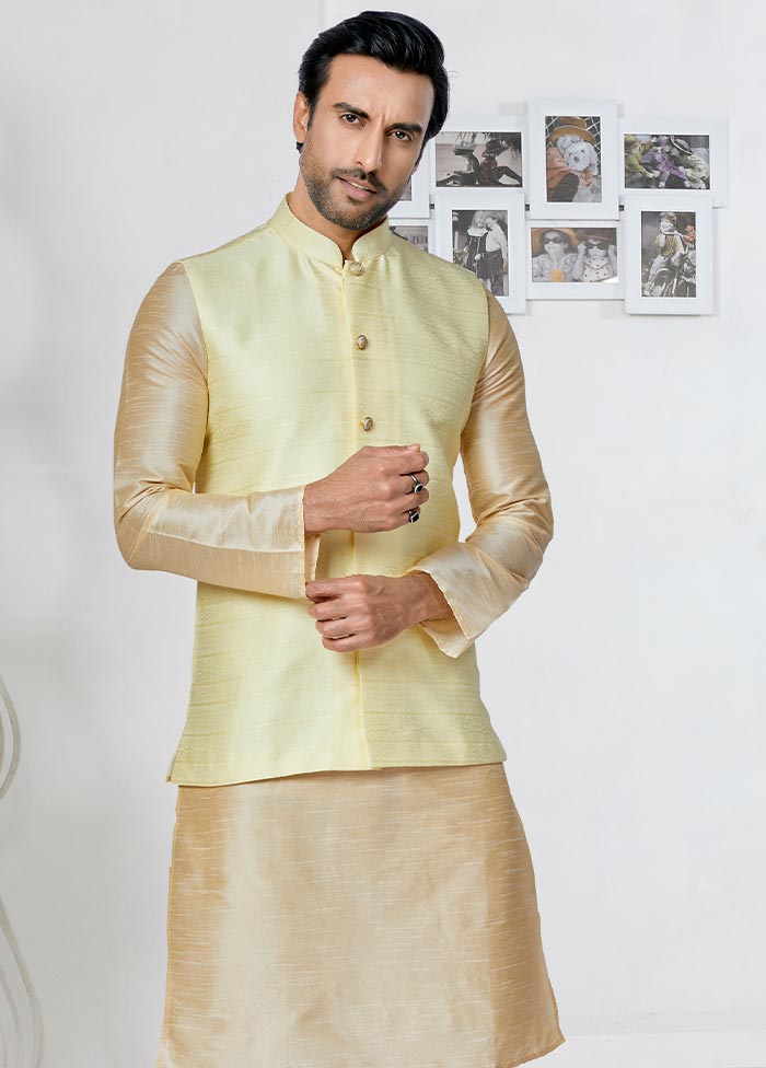 3 Pc Cream Dupion Silk Kurta Pajama Set