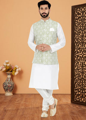 3 Pc White Dupion Silk Kurta Pajama Set