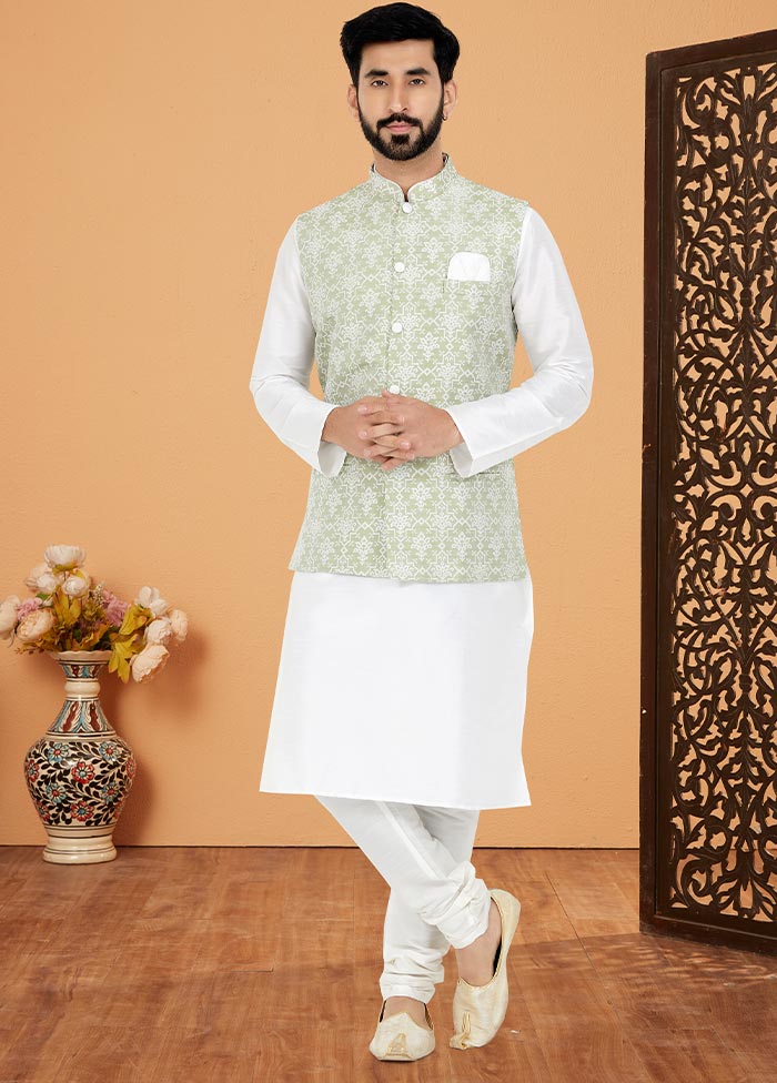 3 Pc White Dupion Silk Kurta Pajama Set - Indian Silk House Agencies