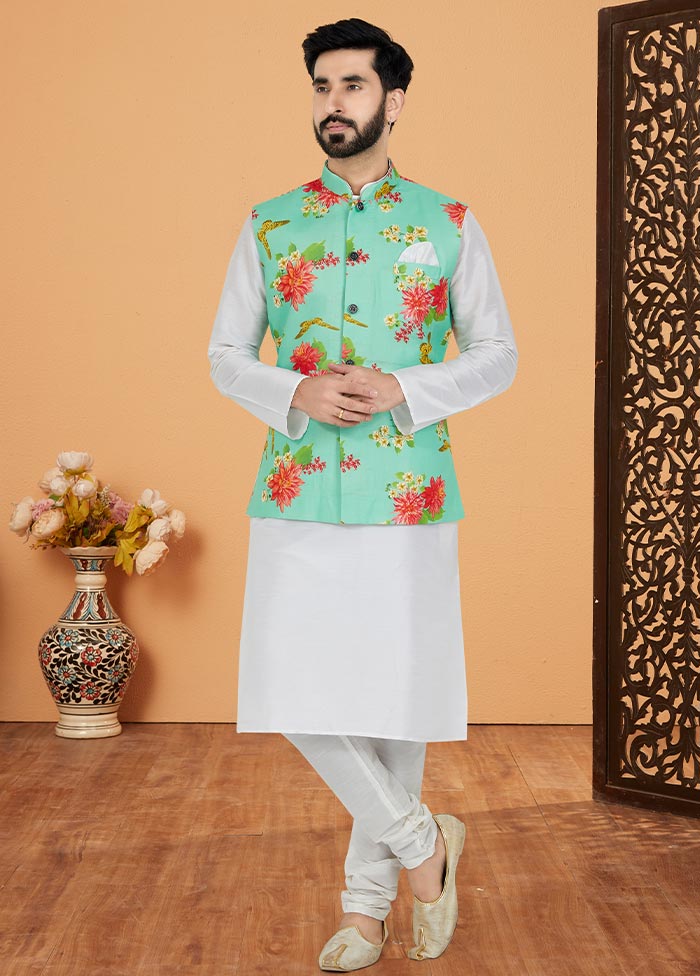 3 Pc White Cotton Kurta Pajama Set - Indian Silk House Agencies