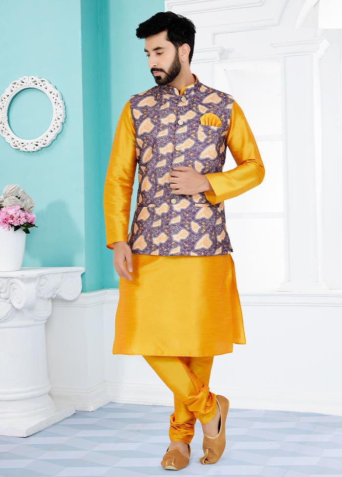 3 Pc Mustard Cotton Kurta Pajama Set