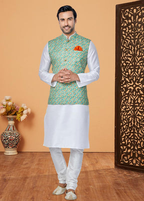 3 Pc White Cotton Kurta Pajama Set - Indian Silk House Agencies