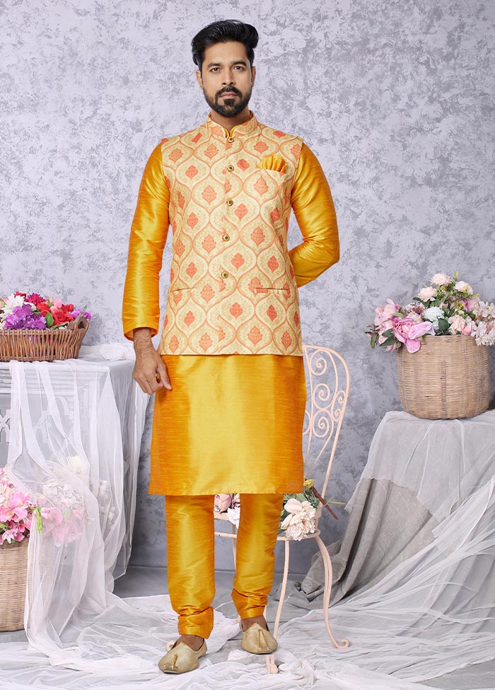 3 Pc Mustard Cotton Kurta Pajama Set - Indian Silk House Agencies