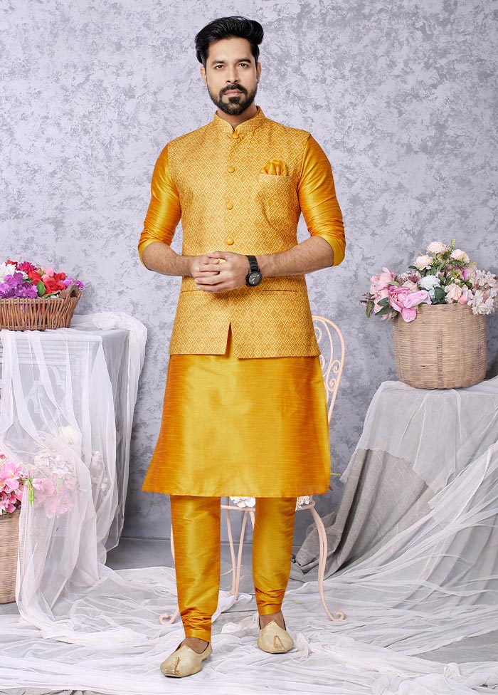 3 Pc Mustard Cotton Kurta Pajama Set - Indian Silk House Agencies