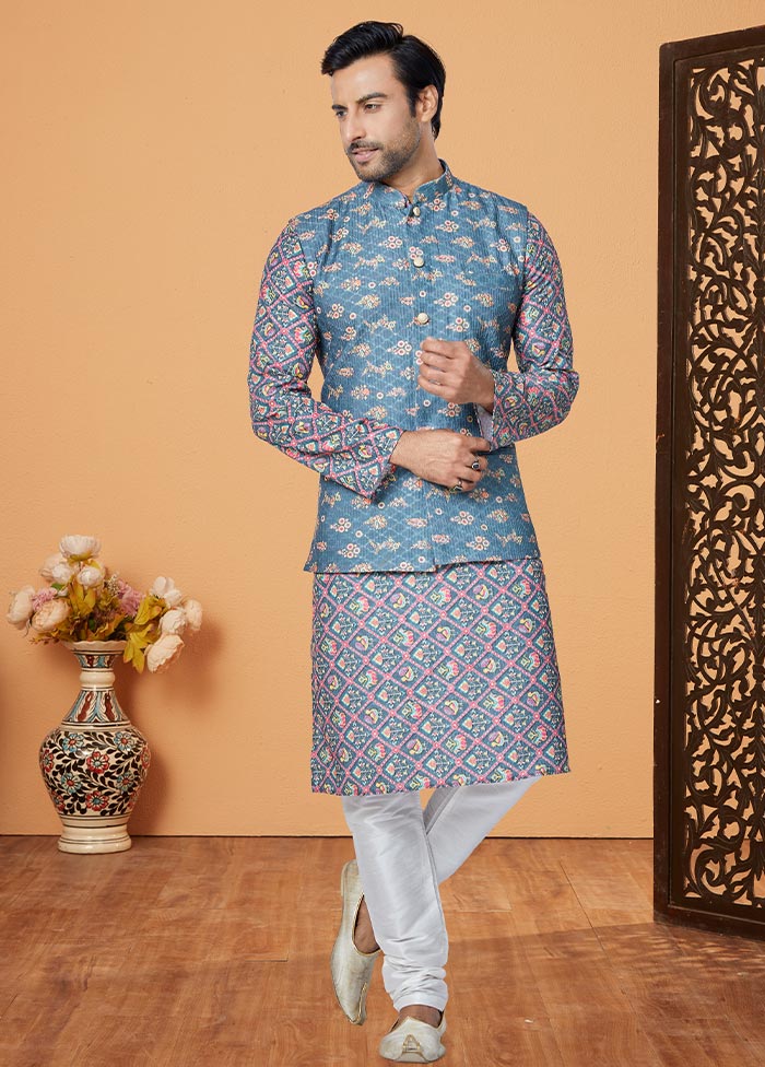 3 Pc Blue Georgette Kurta Pajama Set - Indian Silk House Agencies