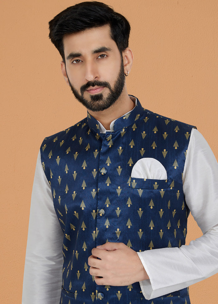 Navy Blue Full Sleeves Mandarin Collar Waistcoat - Indian Silk House Agencies